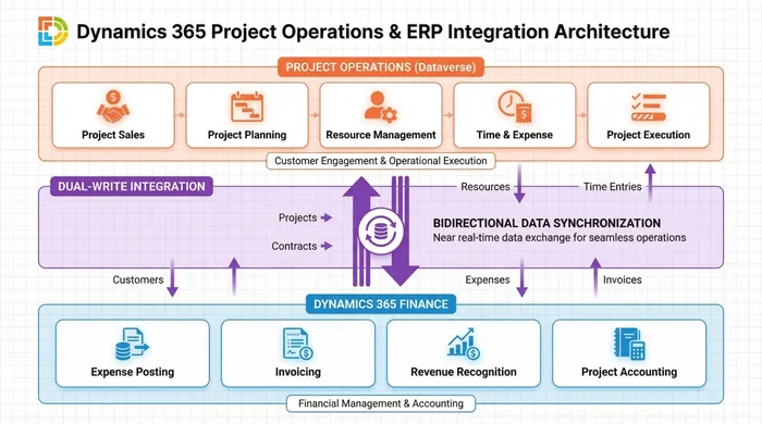 Architecture diagram — Dynamics 365 Project Operations and ERP integration. A Project Operations (Dataverse) row (Project Sales, Project Planning, Resource Management, Time & Expense, Project Execution) is dual-write synchronised bidirectionally with a Dynamics 365 Finance row (Expense Posting, Invoicing, Revenue Recognition, Project Accounting), exchanging customers, contracts, projects, resources, expenses, invoices and time entries in near real time.