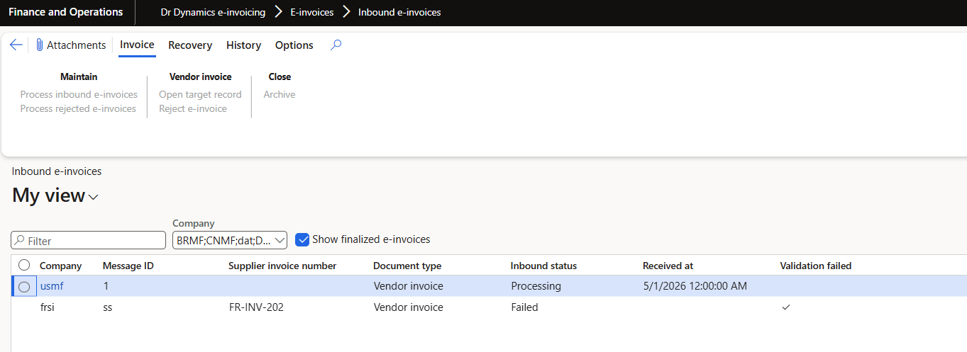 The Inbound e-invoices list page in Dynamics 365, showing columns for message ID, supplier invoice number, document type, inbound status, archived flag, received date and validation failed flag.
