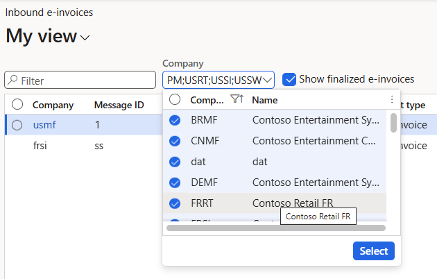 The company picker dropdown and the Show finalized e-invoices checkbox above the inbound e-invoice grid.