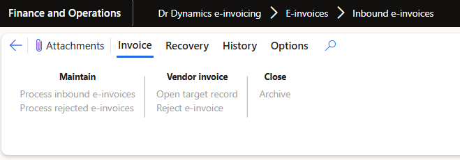 The Invoice tab of the Action Pane on the inbound e-invoice list, showing the Maintain, Vendor invoice and Close button groups.