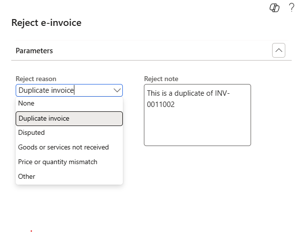 The Reject e-invoice dialog, showing the reason code dropdown and a free-text note field.