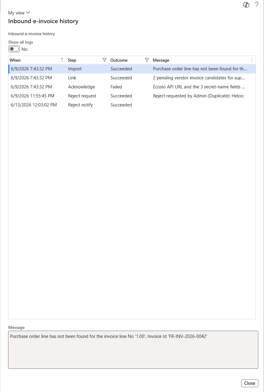 The inbound e-invoice history screen, listing the Fetch, Import, Link and Acknowledge steps with outcomes and messages, and a Show all logs toggle.