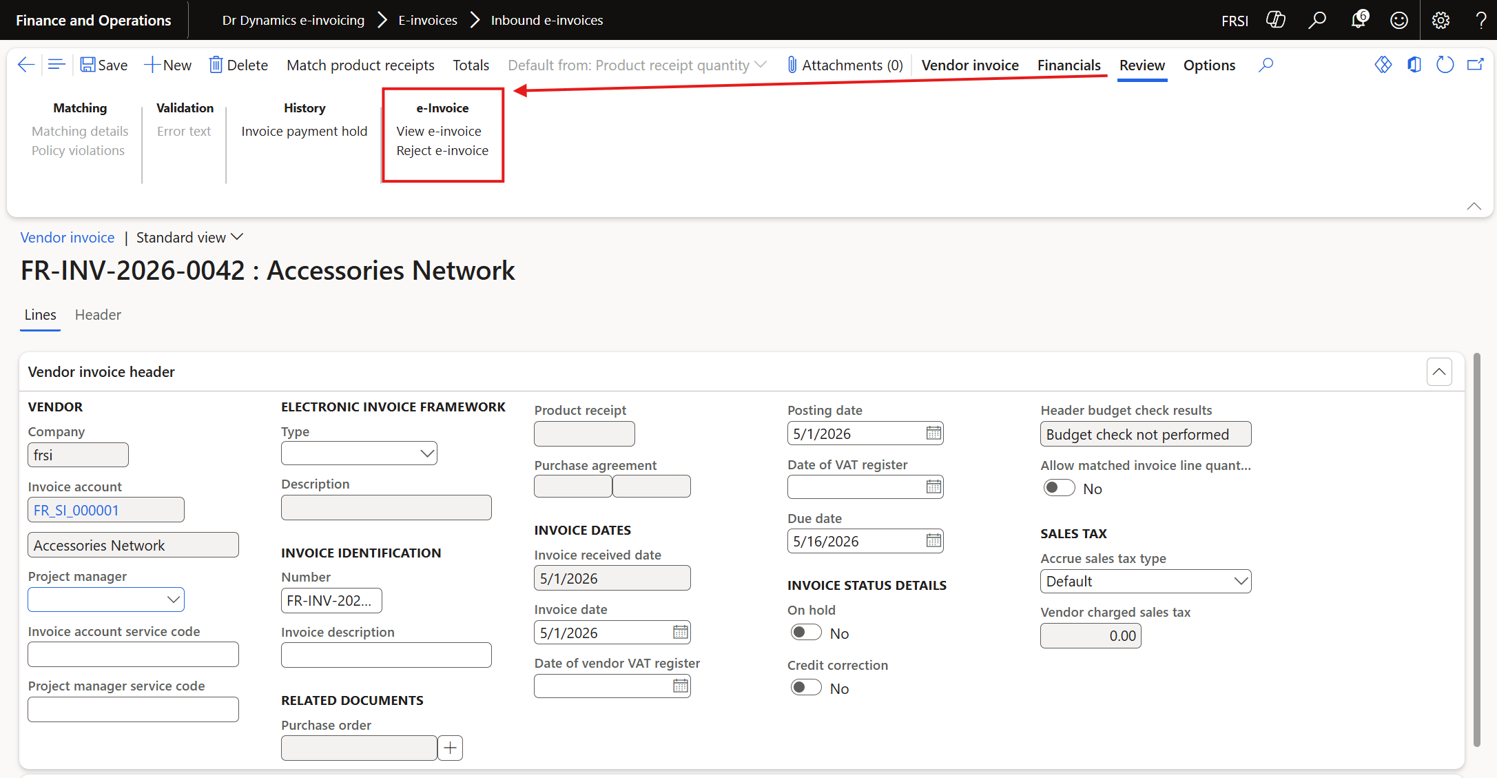 The Reject e-invoice button on the pending vendor invoice screen in Dynamics 365.