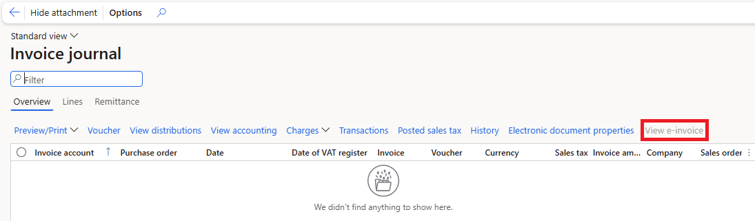 The View e-invoice button on the posted vendor invoice journal in Dynamics 365.