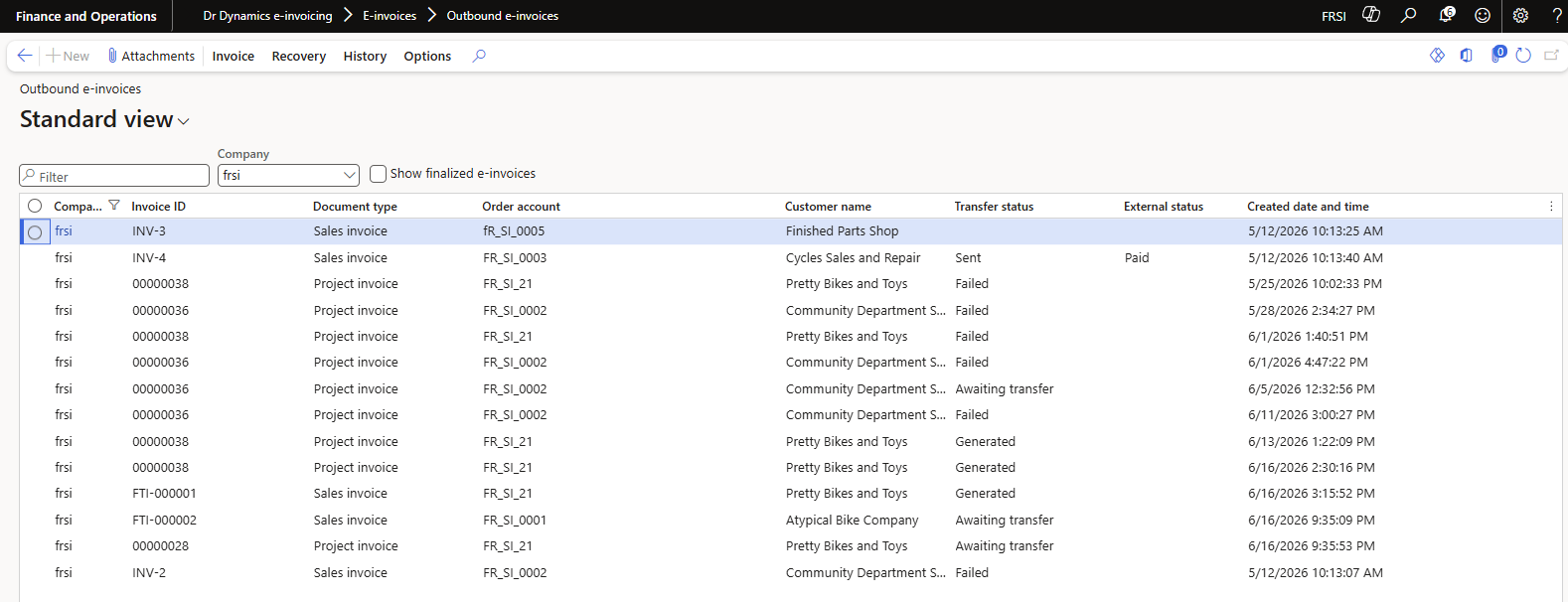 The Outbound e-invoices list page in Dynamics 365, showing columns for company, invoice ID, document type, order account, customer name, transfer status, external status and created date.