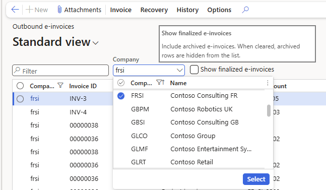 The company picker dropdown and the Show finalized e-invoices checkbox above the outbound e-invoice grid.
