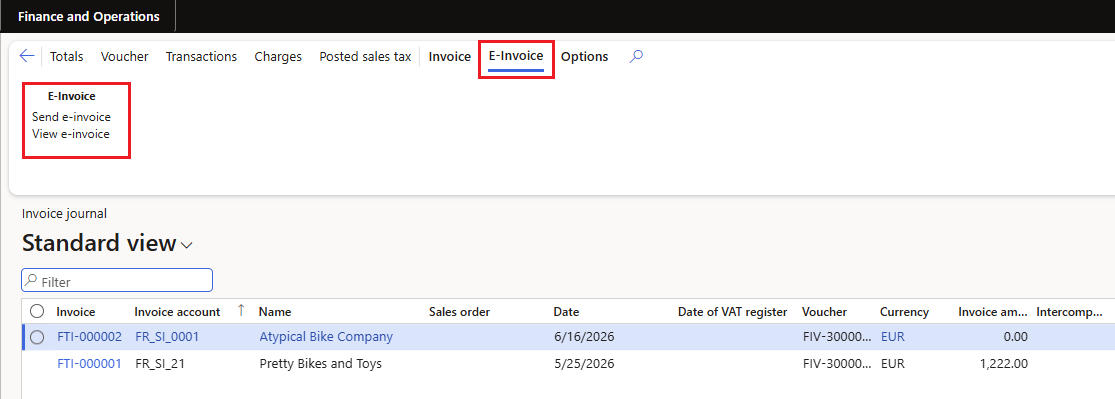 The E-Invoice tab on the customer invoice journal, showing the Send e-invoice and View e-invoice buttons.