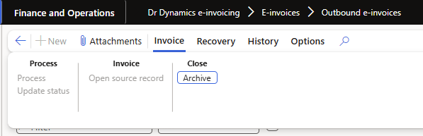 The Invoice tab of the Action Pane on the outbound e-invoice list, showing the Process, Invoice and Close button groups.