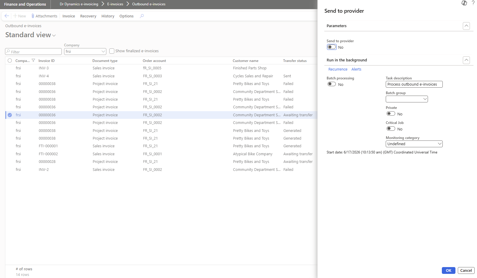The Send to provider dialog, showing the Send to provider Yes/No toggle and the standard Run in the background batch options.