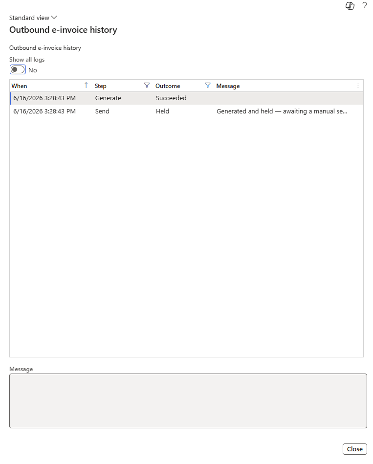 The Outbound e-invoice history screen, listing each pipeline step with its outcome and message, and a Show all logs toggle.